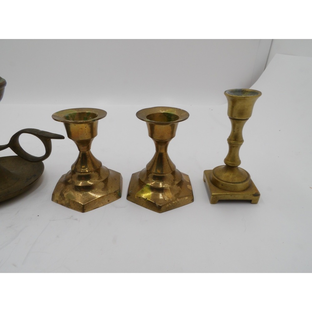 5 Small Brass Candle Holders and Brass Whale Oil Lamp - Picture 2 of 7